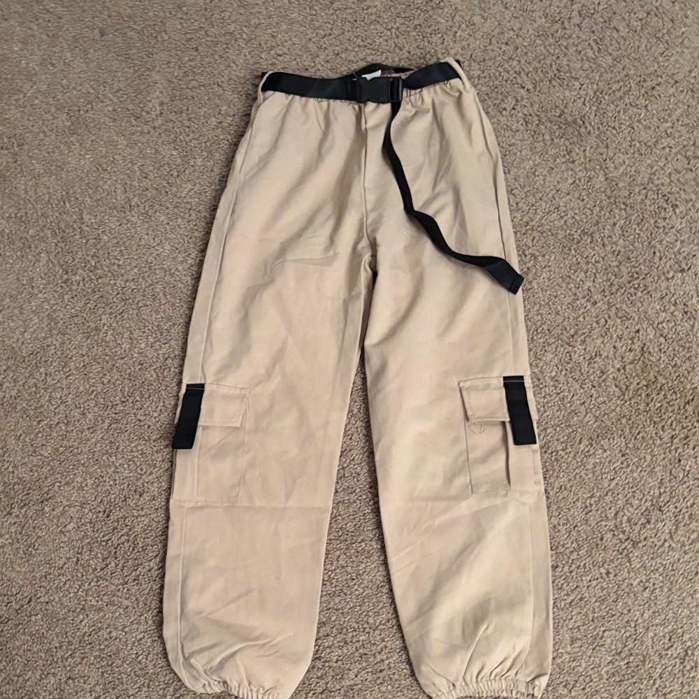 Kids Beige Cargo joggers with Adjustable Black Belt